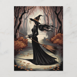 Carte Postale Sorcière de Halloween branchée moderne en forêt