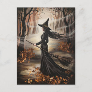 Carte Postale Sorcière de Halloween branchée moderne en forêt