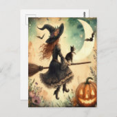 Carte Postale Sorcière d'Halloween avec chambre et chat (Devant / Derrière)