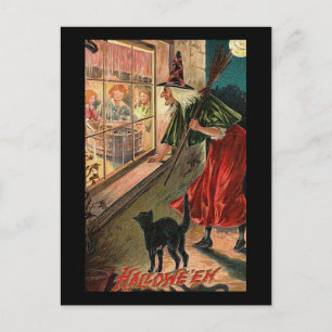 Carte Postale Sorcière d'Halloween avec chat