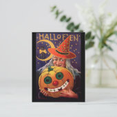 Carte Postale Sorcière d'Halloween avec Citrouille drôle (Debout devant)