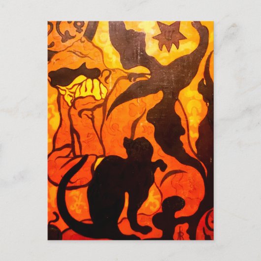 Carte Postale Sorcière d'Halloween avec un chat noir (Devant)