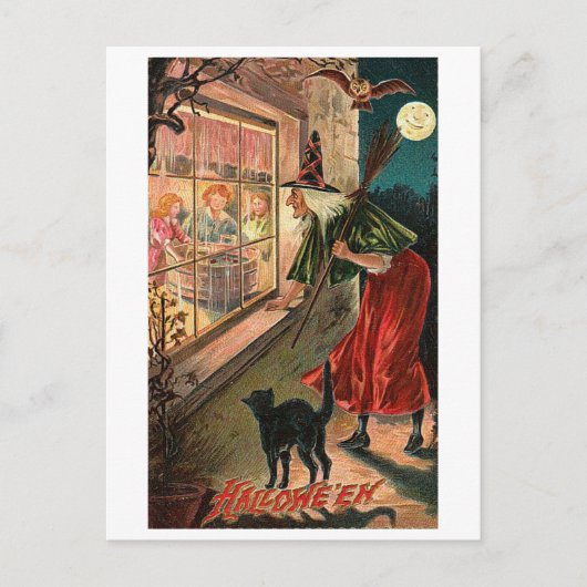 Carte Postale Sorcière d'Halloween, Chat Staring dans la fenêtre (Devant)