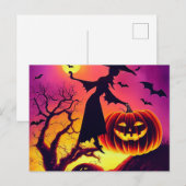 Carte Postale Sorcière d'Halloween dansant avec une citrouille a (Devant / Derrière)