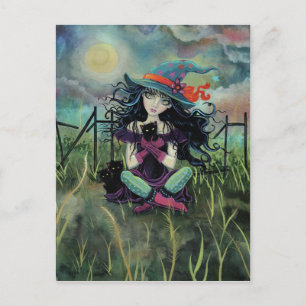 Carte Postale Sorcière d'Halloween et chats noirs Art Fantastiqu