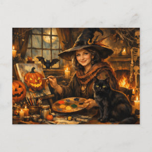 Carte Postale Sorcière d'Halloween Peinture Citrouille