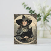 Carte Postale Sorcière d'Halloween rétro et chat noir (Debout devant)