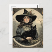 Carte Postale Sorcière d'Halloween rétro et chat noir (Devant / Derrière)