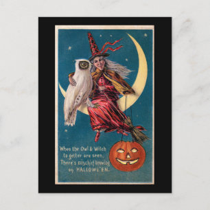 Carte Postale Sorcière d'Halloween sur Lune avec Chouette Vintag