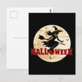 Carte Postale Sorcière d'Halloween sur un balai (Devant / Derrière)