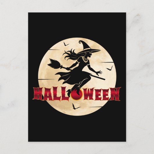 Carte Postale Sorcière d'Halloween sur un balai (Devant)