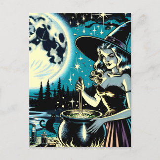 Carte Postale Sorcière d'Halloween vintage remuant un Cauldron