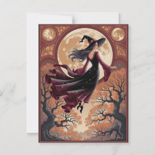Carte Postale Sorcière Éffrayante d'Halloween traversant une Ple
