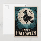 Carte Postale Sorcière Éffrayante d'Halloween traversant une Ple (Devant / Derrière)