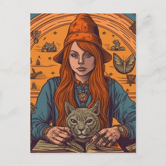 Carte Postale Sorcière et chat (Devant)