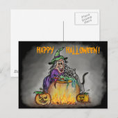 Carte Postale Sorcière et chat, Joyeux Halloween ! (Devant / Derrière)
