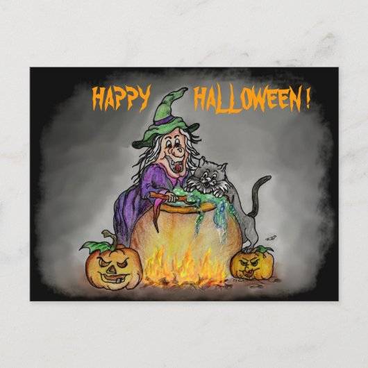 Carte Postale Sorcière et chat, Joyeux Halloween ! (Devant)