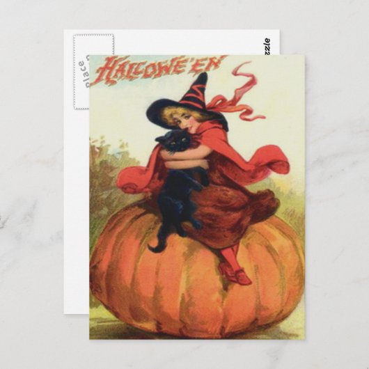 Carte Postale Sorcière et chat noir (Devant / Derrière)