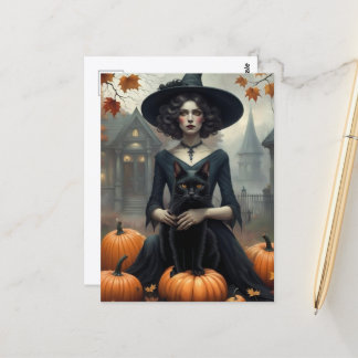 Carte Postale Sorcière et chat noir avec citrouilles