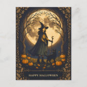 Carte Postale Sorcière et chat noir Halloween (Devant)