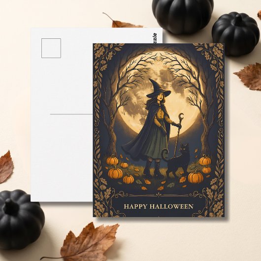 Carte Postale Sorcière et chat noir Halloween