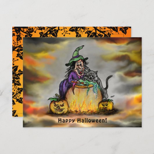 Carte Postale Sorcière et chat noir, Happy Halloween ! (Devant / Derrière)