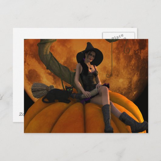 Carte Postale Sorcière et chat sur Citrouille géant (Devant / Derrière)