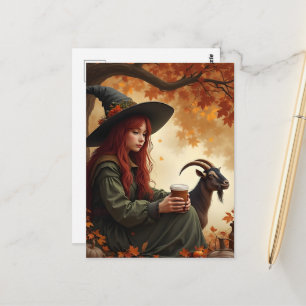 Carte Postale Sorcière et chèvre en automne