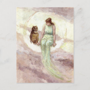 Carte Postale Sorcière et hibou sur la lune Aquarelle Vintage
