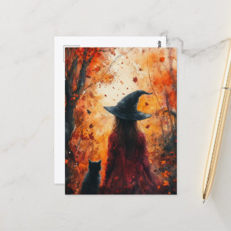 Carte Postale Sorcière et son chat dans la forêt automnale