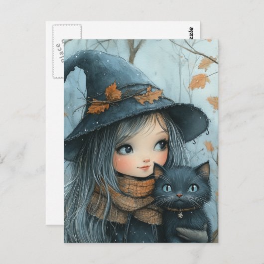 Carte Postale Sorcière et son chat en hiver (Devant / Derrière)