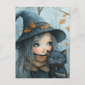 Carte Postale Sorcière et son chat en hiver (Devant)