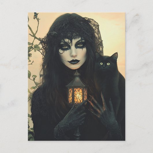 Carte Postale Sorcière et son chat noir (Devant)