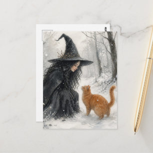 Carte Postale Sorcière fantastique et chat roux dans la forêt hi