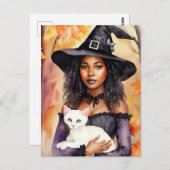 Carte Postale Sorcière Femme Noire Avec Chat Aquarelle Automne (Devant / Derrière)