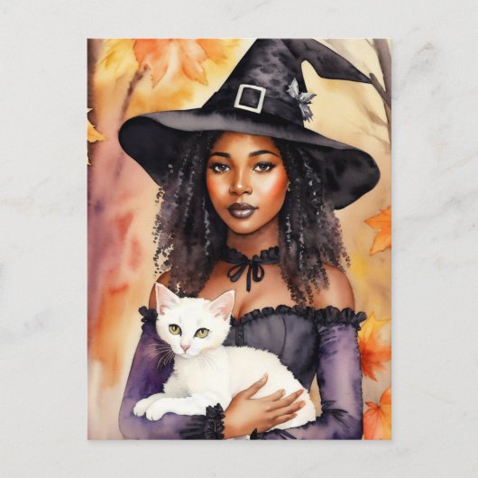 Carte Postale Sorcière Femme Noire Avec Chat Aquarelle Automne (Devant)