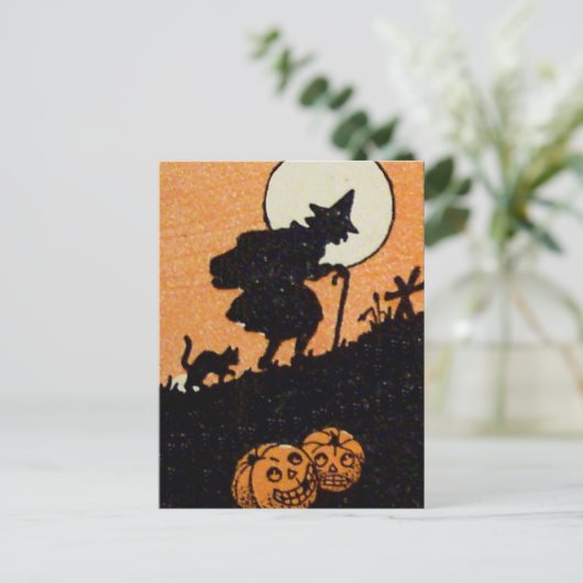 Carte Postale Sorcière heure Chat noir Jack-o'-lantern (Debout devant)