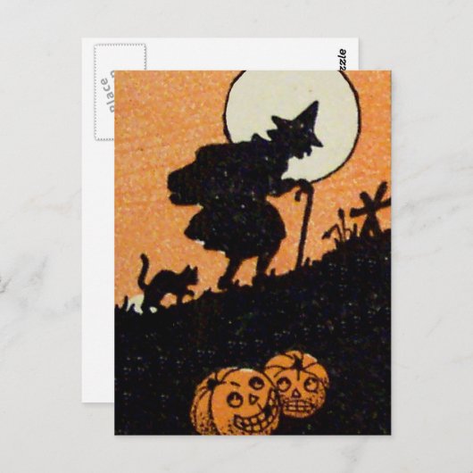 Carte Postale Sorcière heure Chat noir Jack-o'-lantern (Devant / Derrière)