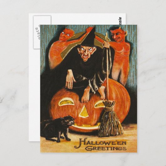 Carte Postale Sorcière Jack-o'-lantern Devil Demon Black Cat (Devant / Derrière)