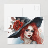 Carte Postale Sorcière jolie fille Fleur rouge magique (Devant / Derrière)