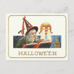 Carte Postale Sorcière lisant une citrouille Jack O Lantern