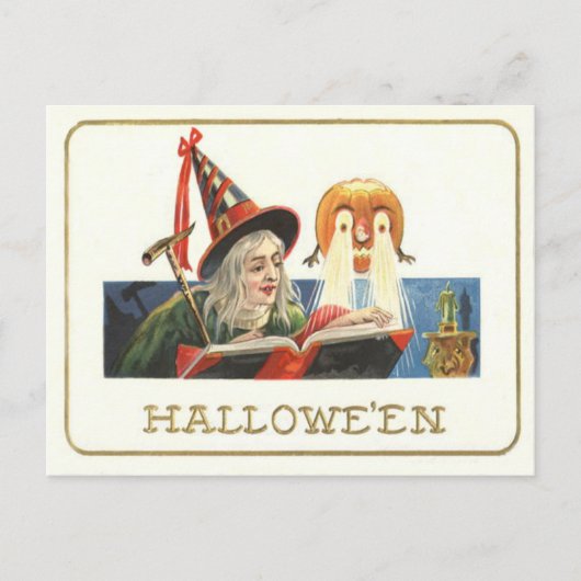 Carte Postale Sorcière lisant une citrouille Jack O Lantern (Devant)