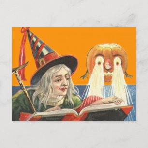 Carte Postale Sorcière lisant une citrouille Jack O Lantern