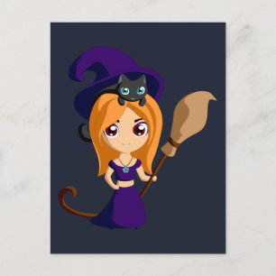 Carte Postale Sorcière mignonne en Casquette mauve et son chat H
