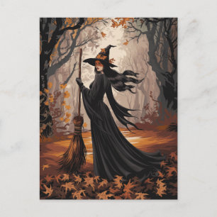 Carte Postale Sorcière moderne tendance d'Halloween en forêt