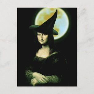 Carte Postale Sorcière Mona Lisa Halloween pleine lune