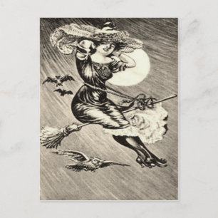 Carte Postale Sorcière monochrome volant balai hibou chauve-sour