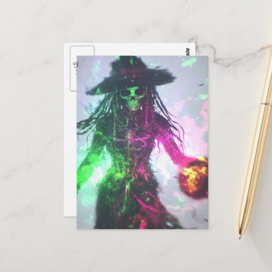 Carte Postale Sorcière Pirate Squelette Halloween (Devant/Arrière en situation)