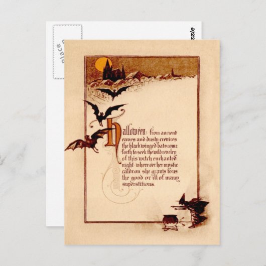 Carte Postale Sorcière Pleine lune chauve-souris Cauldron (Devant / Derrière)