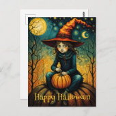 Carte Postale Sorcière S'Asseoir Sur Un Halloween Citrouille (Devant / Derrière)